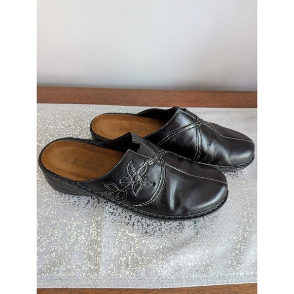 Naot Shoes Womens 41 (US 10-10.5)Madras Black Leather Floral Slip On Mule Clogs - Picture 2 of 9